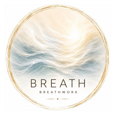 BREATH - Breathwork Abstrahierte Wellen in sanften Farben mit dem Text "BREATH" und "BREATHWORK".