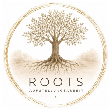 ROOTS - Systemische Aufstellungen Logo mit einem Baum und dem Text „ROOTS AUFSTELLUNGSARBEIT“ darunter.