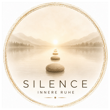 SILENCE - Entspannung Steine auf einem ruhigen Wasserweg, umgeben von sanften Bergen und Sonnenlicht.