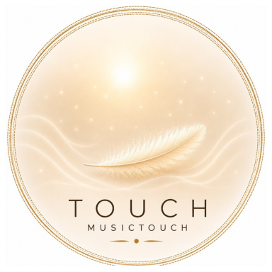 TOUCH - MusicTouch Runder, schimmernder Logo mit dem Wort "TOUCH" und einer stilisierten Feder.