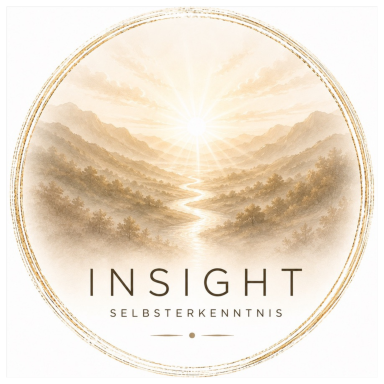 INSIGHT - Selbsterkenntnis Weg durch sanfte Hügel mit der Aufschrift "INSIGHT Selbstkenntnis" in sanften Farben.